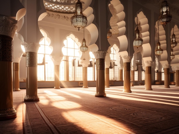 A luz solar ilumina as lacunas nos pilares interiores do edifício da mesquita