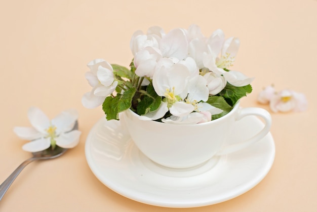 A maçã branca da mola floresce flores de florescência em uma xícara de café com uma colher em um fundo bege. Conceito de primavera verão. Cartão de felicitações