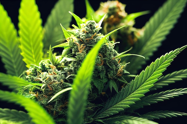 A maconha deixa a cannabis em um fundo escuro fundo bonito cultivo interno