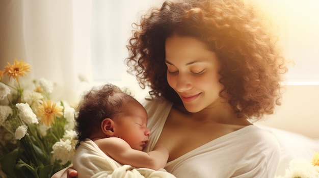 Foto a mãe abraça o recém-nascido com alegria e amor.