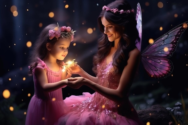 A mãe das fadas dá uma flor brilhante à menina da fada na floresta mágica.
