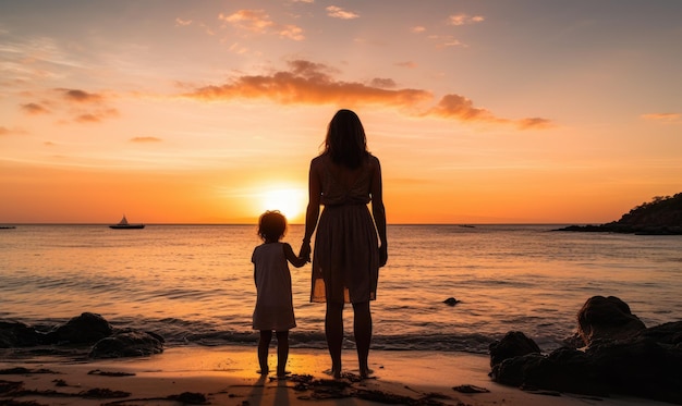 A mãe e a criança ficaram de mãos dadas observando o pôr do sol na praia designada