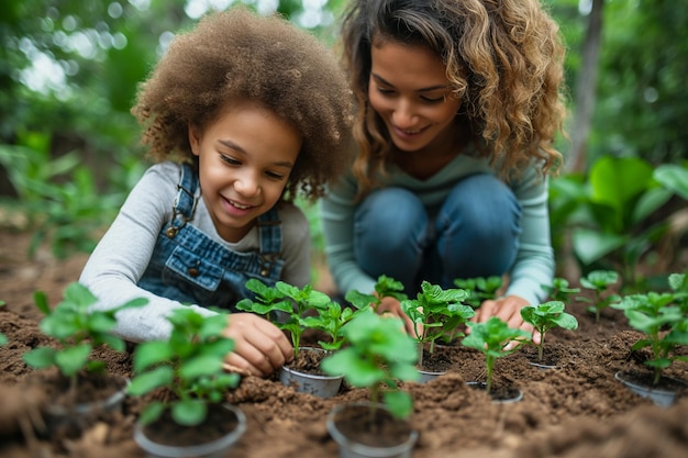 A mãe e a filha estão ocupadas com as mudas, jardinagem na primavera.