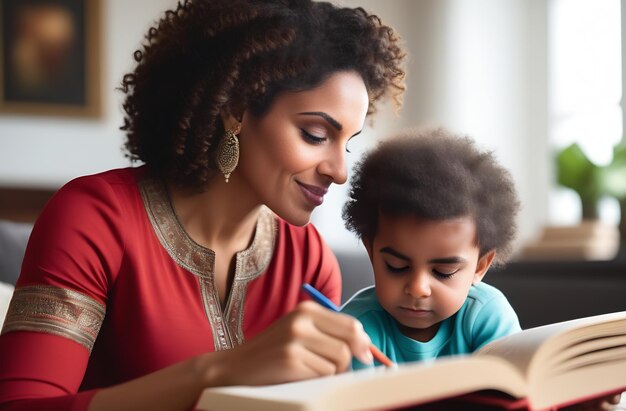 Foto a mãe e a filha estão sentadas em casa a ler um livro.