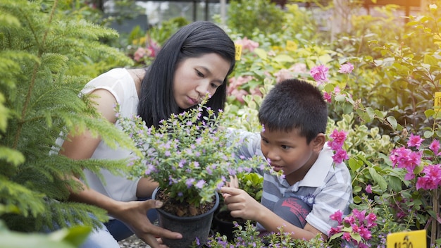 A mãe e o filho asiáticos tomam das árvores no jardim.