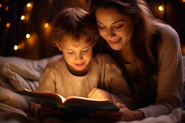 A mãe lê um livro para o seu filhozinho sentado no sofá e coberto com uma luz de lâmpada de cobertor