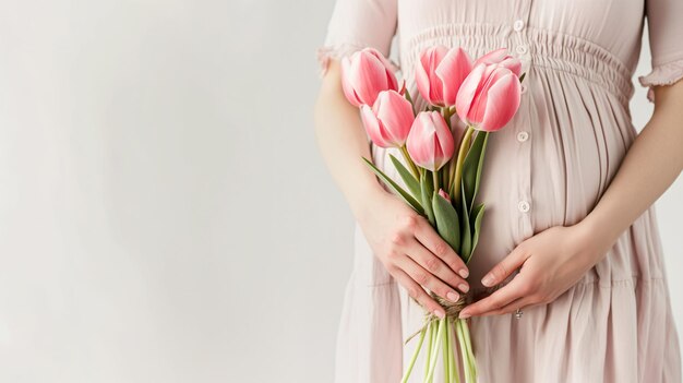 Foto a mãe que esperava segurando suavemente tulipas cor-de-rosa sobre a barriga