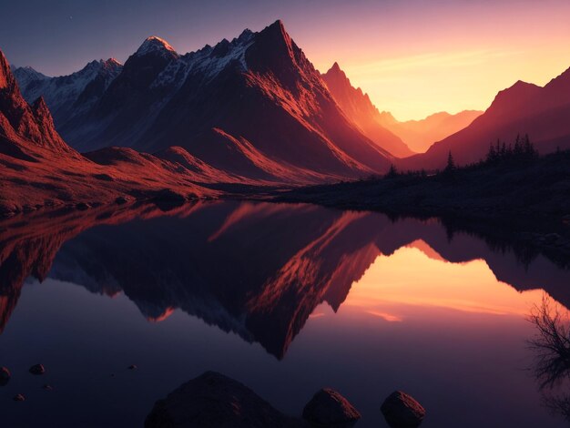 A maestosa silhueta do pico da montanha, o pôr-do-sol, reflete a tranquilidade.