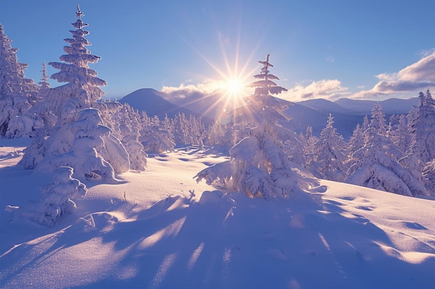 A magia da montanha O nascer do sol de Inverno pinta um panorama de neve de tirar o fôlego