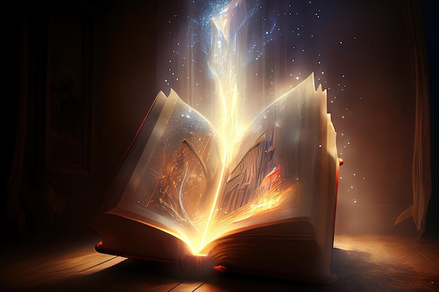 A magia do conhecimento a abertura do velho grande livro na biblioteca Generative Ai