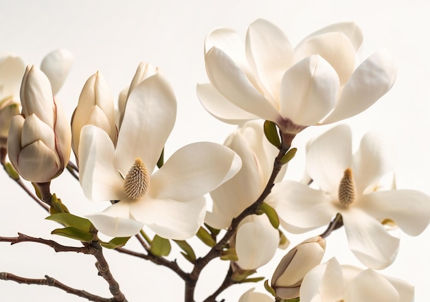 A magnólia branca floresce contra um fundo branco