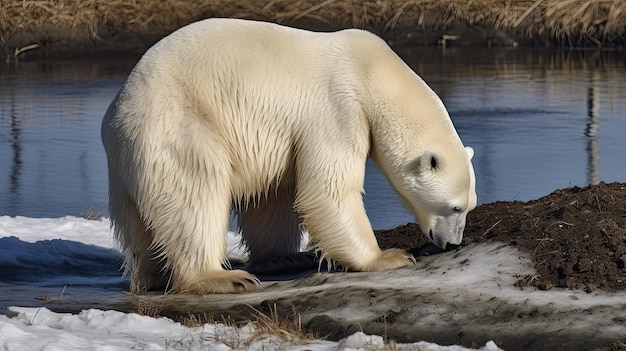 A Maiestade do Urso Polar do Ártico limpa seu casaco em Kaktovik, no Alasca