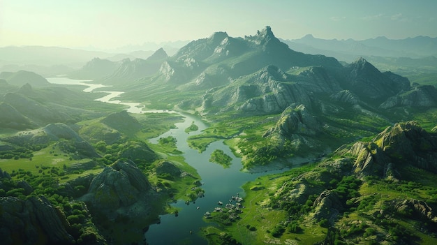 A majestade aérea das montanhas o rio esculpindo através do centro vales verdes AI Generative
