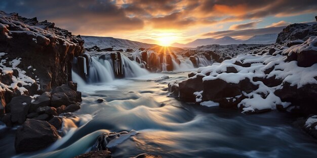 A majestade congelada cativante do pôr-do-sol sobre os picos gelados