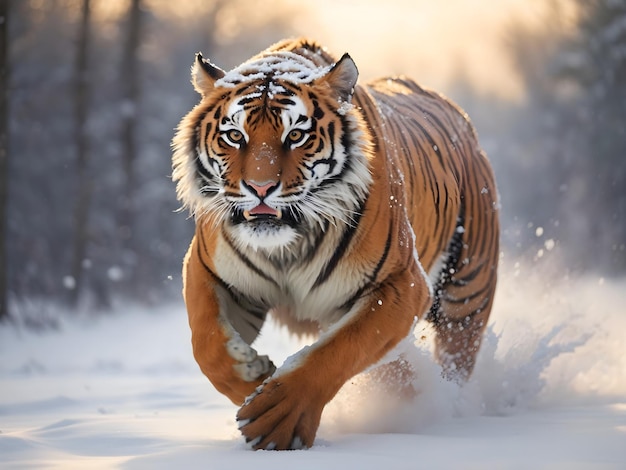 A Majestade Selvagem Tigre Siberiano do Inverno Correndo na Neve