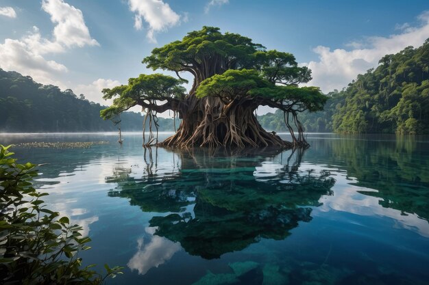 A majestosa árvore solitária refletida nas águas calmas