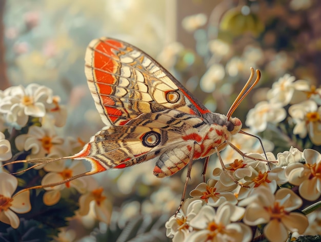A majestosa borboleta descansando nas flores da primavera com a luz do sol filtrando a beleza da natureza em um