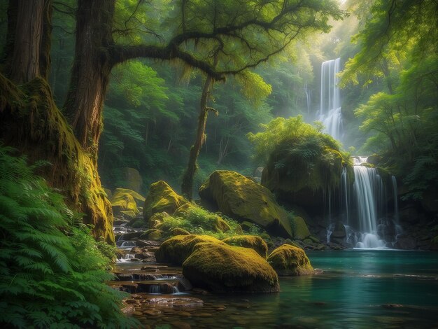 A majestosa cachoeira caindo sobre um lago no meio da floresta