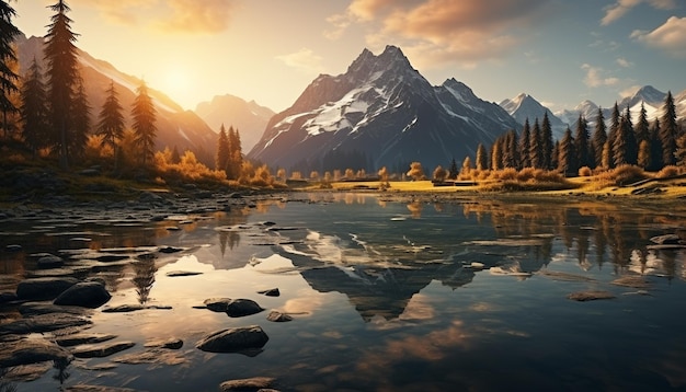 Foto a majestosa cordilheira reflete o tranquilo pôr-do-sol na superfície da água gerada pela ia