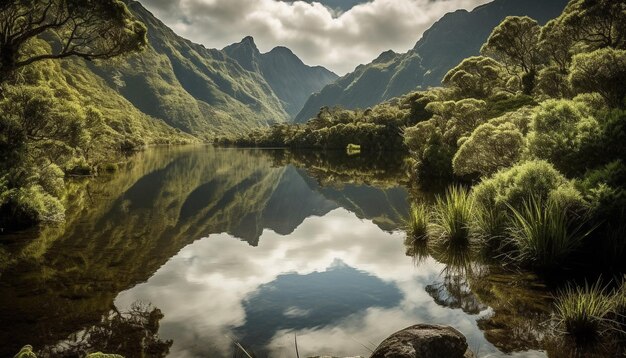 A majestosa cordilheira reflete-se na tranquila lagoa azul a beleza idílica gerada pela inteligência artificial