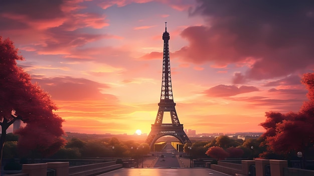 A majestosa torre eiffel contra um céu pôr do sol