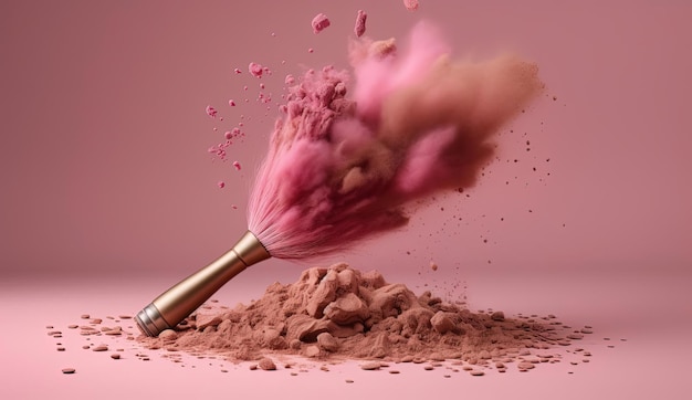 Foto a makeup brush is being thrown into powder on a fuchsia colored surface