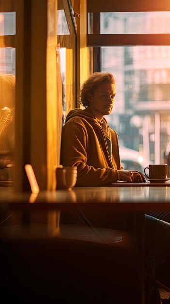 Foto a man is sitting at a table with a cup of coffee