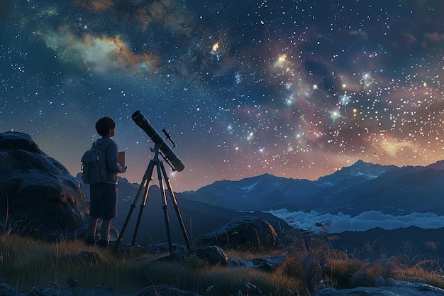 Foto a man looking at a telescope at night with the stars in the background