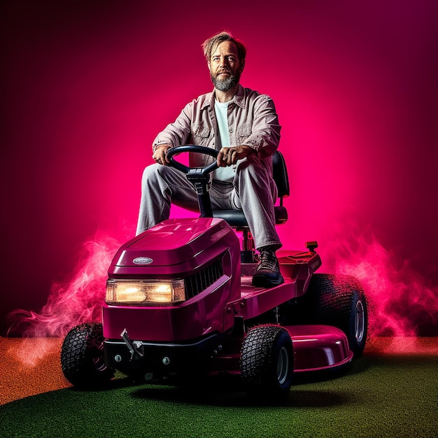 a_man_on_a_riding_lawn_mower_magenta_background