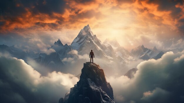 Foto a man stands atop a mountain overlooking the breathtaking landscape below generative ai