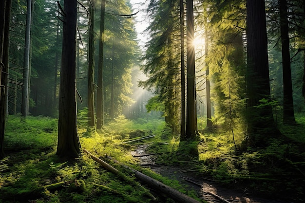 A manhã brilha numa floresta exuberante da Colúmbia Britânica O crescimento e a beleza da natureza