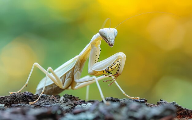 A mantis orante toma posição defensiva em meio a um fundo dourado