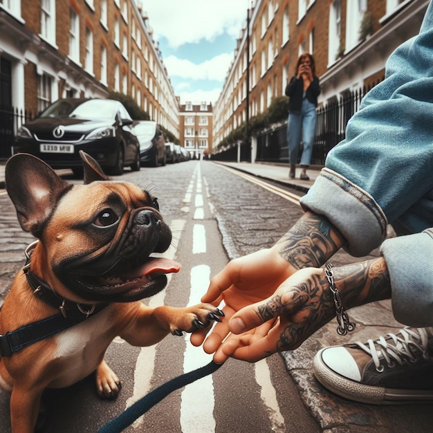 A mão alcançando o cão francês