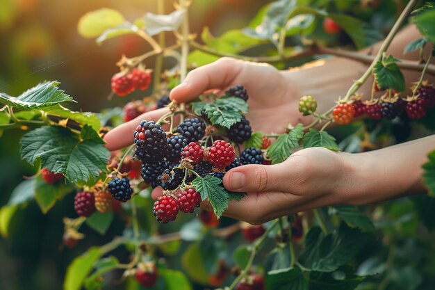 Foto a mão colhe suavemente morangos maduros num dia ensolarado