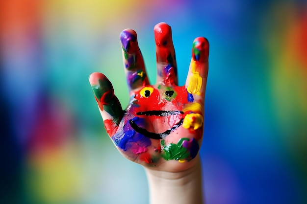 Foto a mão colorida de um artista divertido pintada com um rosto sorridente um conceito de arte alegre ai