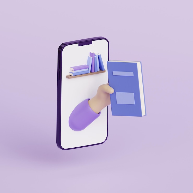 Foto a mão com o livro aparece do smartphone conceito de aprendizado on-line biblioteca da internet educação on-line conhecimento digital ebook 3d render ilustração