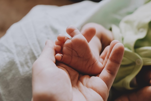 A mão da mãe segura os pés bonitos do bebê recém-nascido