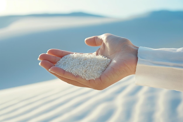 A mão da mulher segura a areia branca contra o deserto vazio