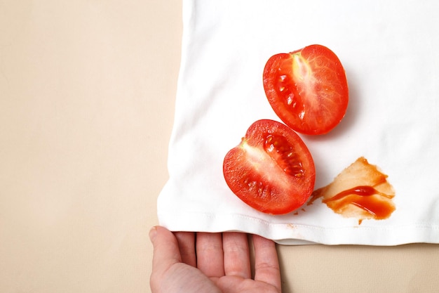 A mão da mulher segura roupas de camisa branca com manchas de tomate e ketchup