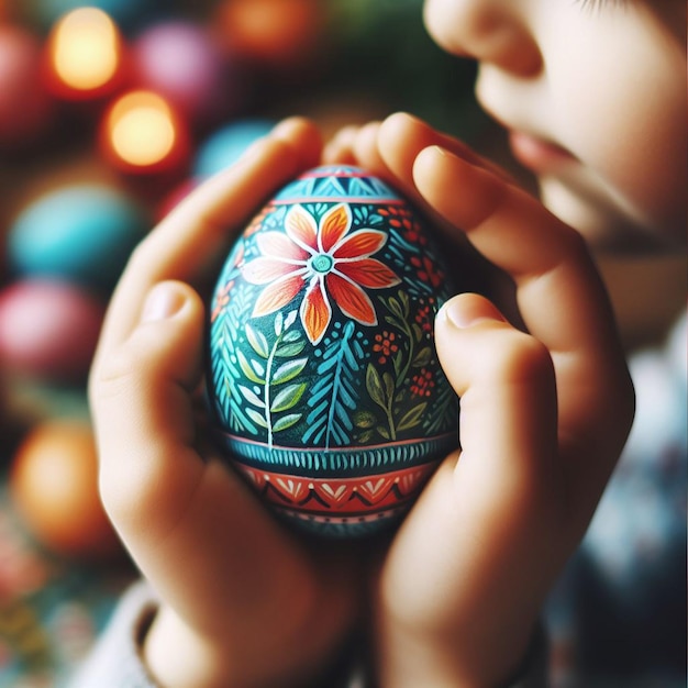 A mão de Childs segurando o ovo de Páscoa de néon