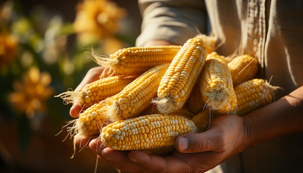 Foto a mão de um fazendeiro segura milho maduro, simbolizando a agricultura saudável gerada pela inteligência artificial