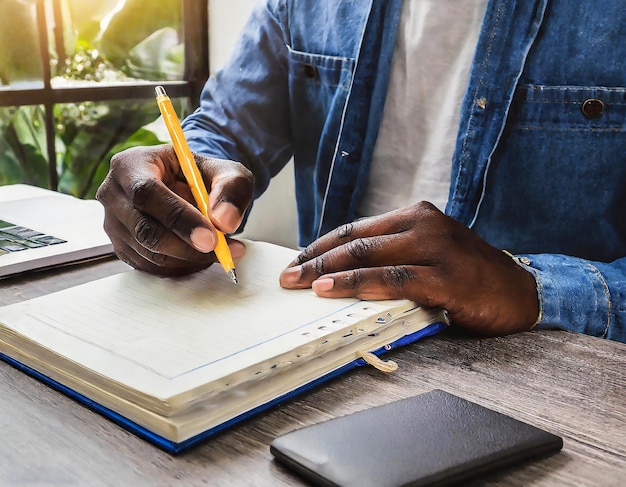 Foto a mão de um homem enquanto escreve anotações num caderno