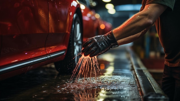 A mão de um homem lavando um carro em uma garagem