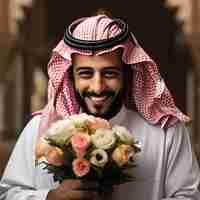 Foto a mão de um homem saudita segurando um buquê de flores e sorrindo gerada pela ia