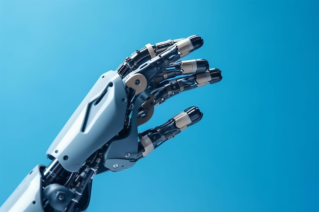 A mão de um robô é mostrada contra um fundo azul