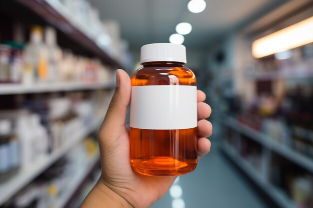 A mão de uma farmacêutica segura um frasco de medicamento na farmácia promovendo a saúde