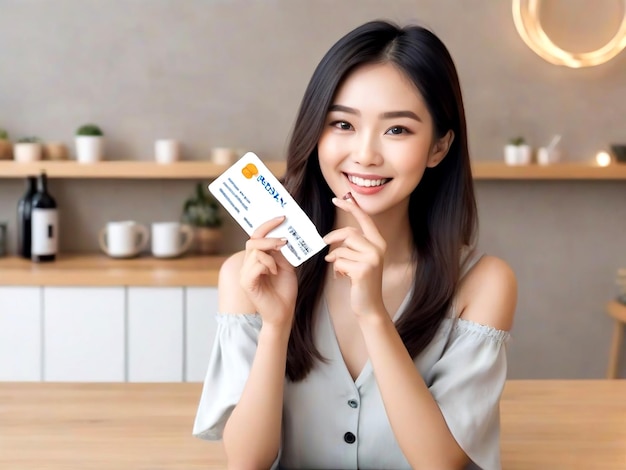 A mão de uma jovem e atraente mulher de elegância mostrando um modelo de cartão de crédito AI_Generated