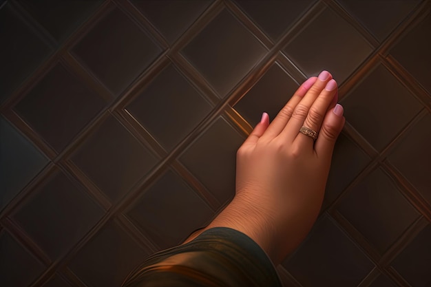 A mão de uma mulher em uma parede de azulejos com um anel de ouro no dedo
