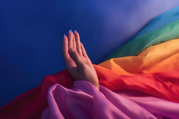 A mão de uma mulher olhando para fora de uma bandeira LGBT arco-íris