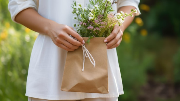 A mão de uma mulher segura uma sacola ecológica com vegetação em um fundo natural Criado com tecnologia Generative AI